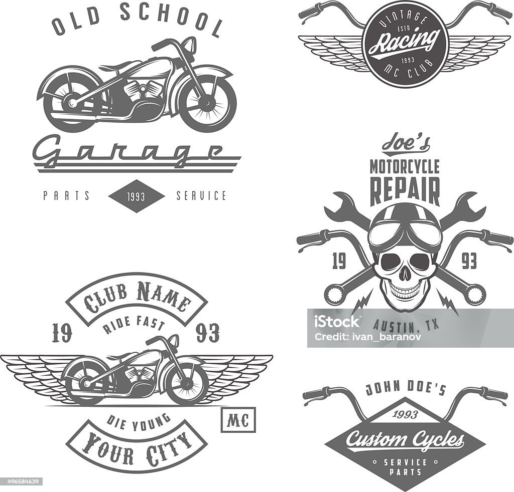 Conjunto de etiquetas de motos retro, señales y elementos de diseño - arte vectorial de Casco - Herramientas profesionales libre de derechos