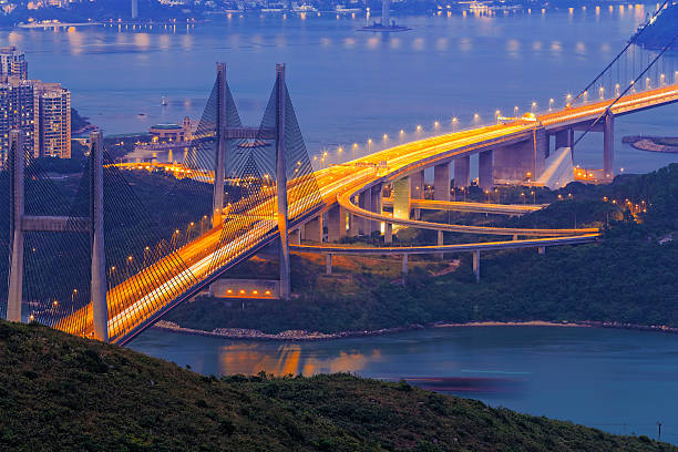 tsing ma bridge at night, Hong Kong Landmark stock photo