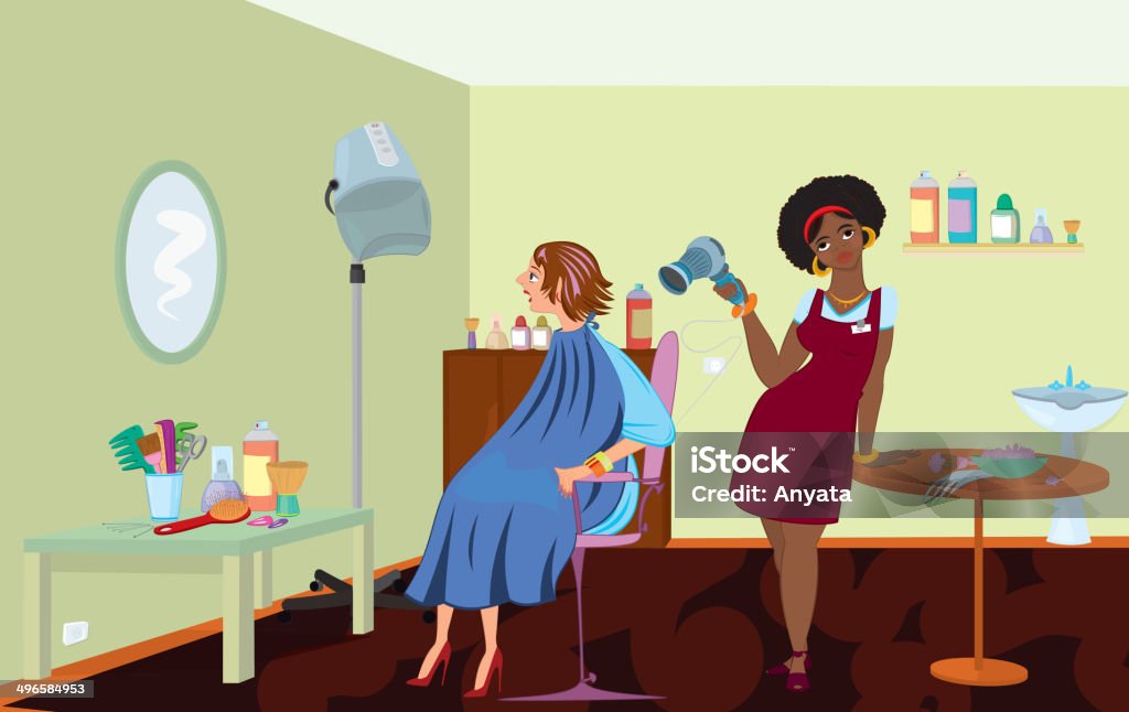 Beauty salon professional is blow drying clients hair after dyin Beauty salon professional is blow drying clients hair after dying it Adult stock vector