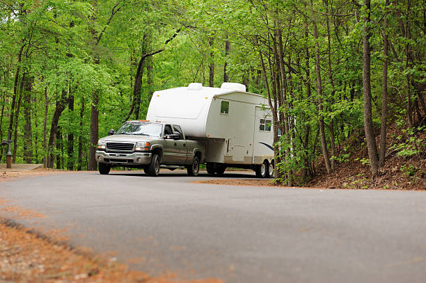 istock Towing rv trailer up hill 496586827