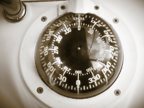 Yacht compass detail in sepia tone. Horizontal format