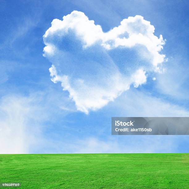 Picture Of Heart Cloud On Blue Sky And Green Field Stock Photo - Download Image Now - Agricultural Field, Art, Art And Craft