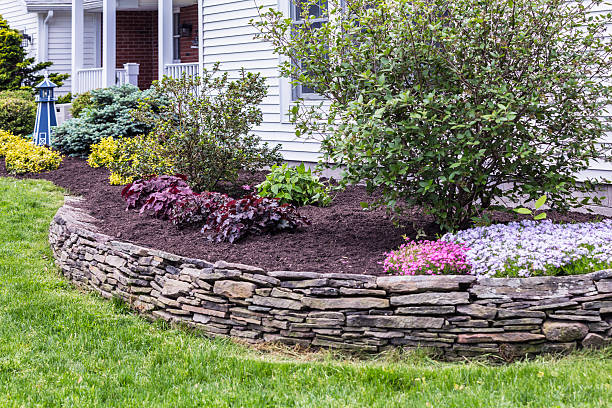 New Mulch Behind Landscaped Garden Terrace Wall