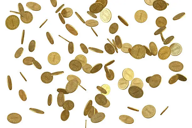 A set of equal coins falling through the air, isolated on pure white background. The coins are made from a golden looking metal alloy. The coin design is a generic combination of a flower pattern, a number one and a circular set of stars around the outer region.