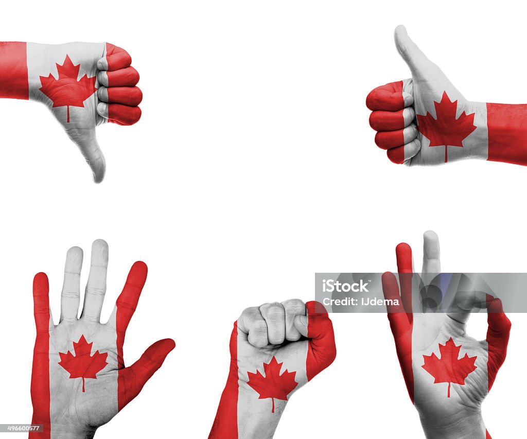 Hand set with the flag of Canada A set of hands with different gestures wrapped in the flag of Canada Fist Stock Photo