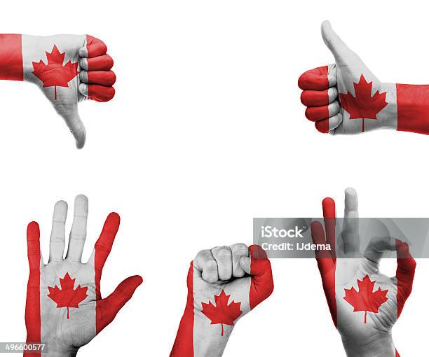 Hand Set With The Flag Of Canada Stock Photo - Download Image Now - Fist, Moving Up, White Background