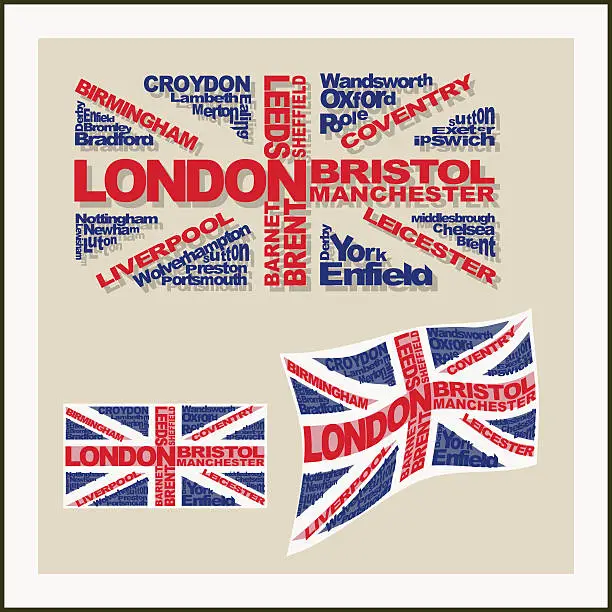 Vector illustration of UK flag made ??of words major cities. Concept