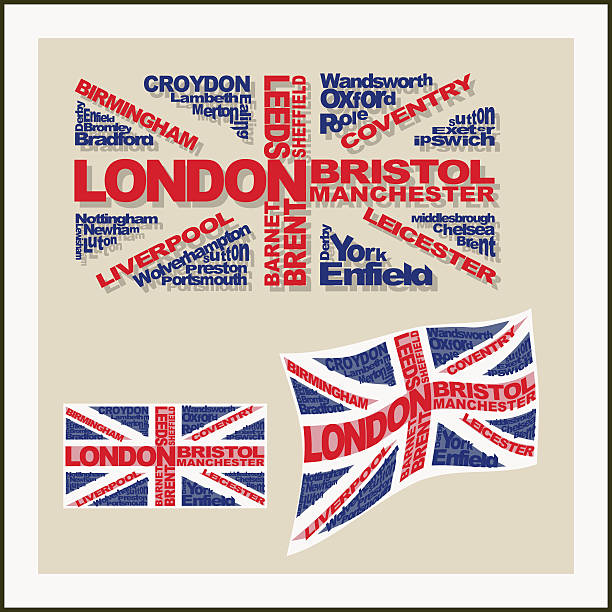 uk flag made ??of words major cities. concept - leicester 幅插畫檔、美工圖案、卡通及圖標