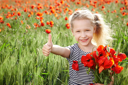 Happy smiling little girl standing on the poppy meadow, holding a posy, showing thumb up gesturre
