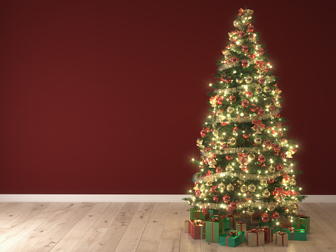 shining lights of a Christmas tree on red background. 3d rendering