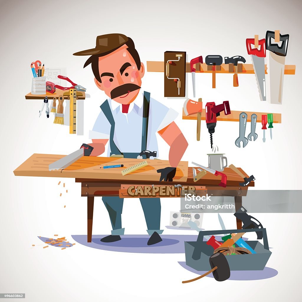 carpenter sawing wood board at the workshop. set of tools. carpenter sawing wood board at the workshop. set of tools. character design - vector illustration 2015 stock vector