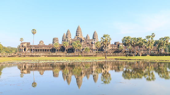 The Angkor Wat Temple reflected in lake, Siem reap, Cambodia.