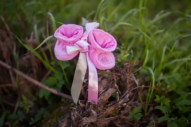 Pink booties for newborn girl on the grass