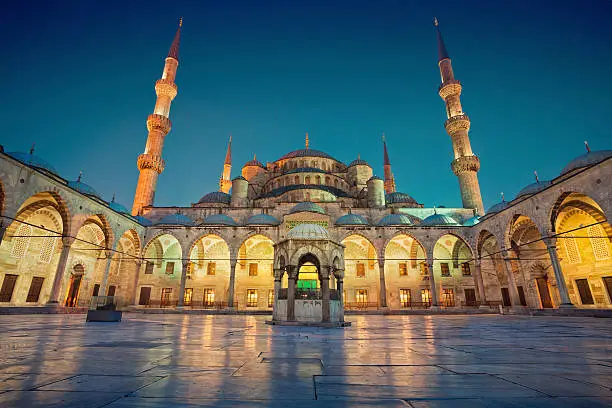 Image of the Blue Mosque in Istanbul, Turkey during twilight blue hour.