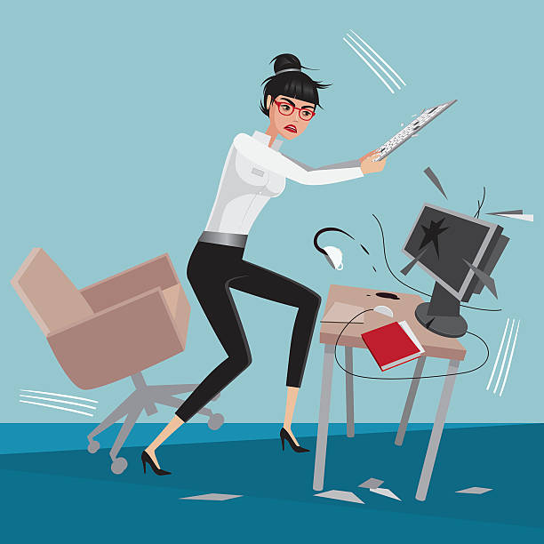 Angry business woman breaks a computer Angry business woman breaks a computer at workplace in office impatient woman stock illustrations