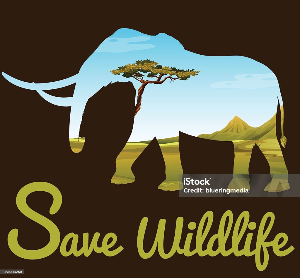 Save Wildlife Theme With Elephant And Field Stock Illustration - Download  Image Now - 2015, Animal, Animal Wildlife - iStock