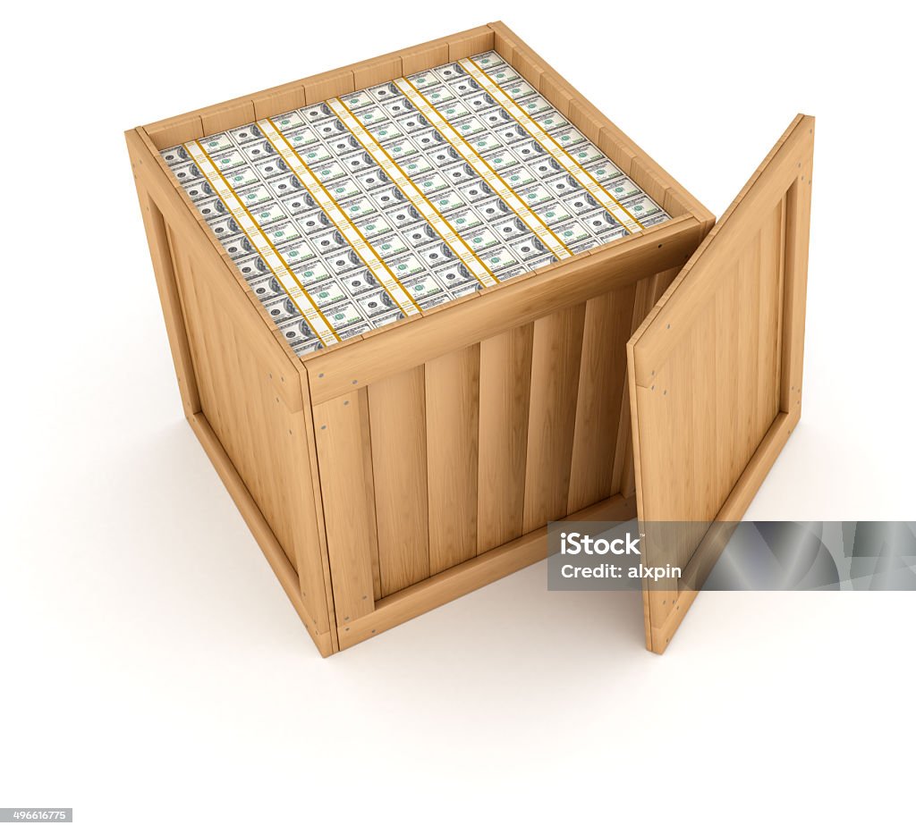 Wooden crate with money Wooden crate with money. Digitally Generated Image isolated on white background American One Hundred Dollar Bill Stock Photo