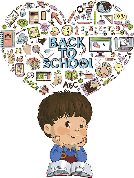 little boy on the books vector art illustration
