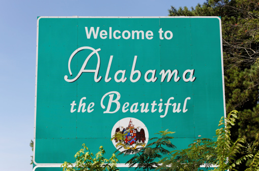 A welcome sign at the Alabama state line.