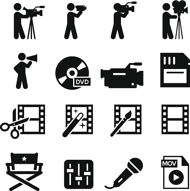 ilustraciones, imágenes clip art, dibujos animados e iconos de stock de producción cinematográfica serie de iconos, negro - videographer video camera operator filming