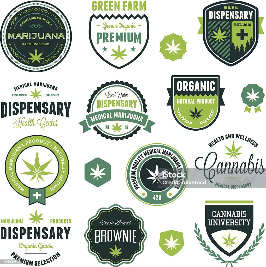 Cannabis le etichette del prodotto - arte vettoriale royalty-free di Pianta di cannabis