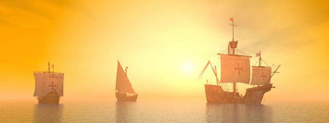 Computer generated 3D illustration with the ships of Christopher Columbus at sunset
