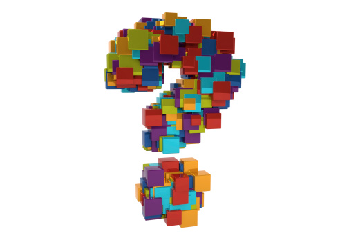 Random colored Metallic question mark with random cubes. High resolution rendered in 3D.