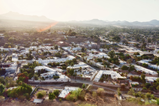 Downward looking view of the town of Alamos Sonora Mexico at Sunset