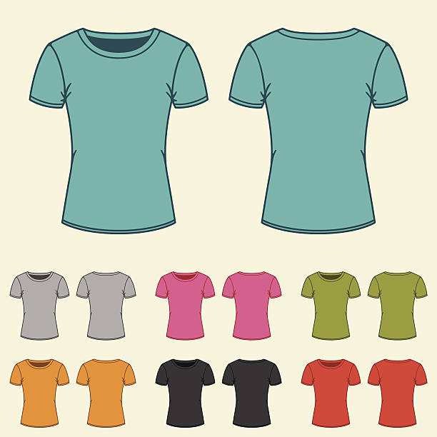 ilustraciones, imágenes clip art, dibujos animados e iconos de stock de conjunto de plantillas de color camisetas para las mujeres. - shirt clothing dress elegance