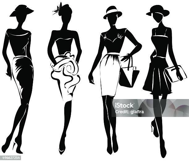 Black And White Retro Fashion Models In Sketch Style Stock Illustration - Download Image Now