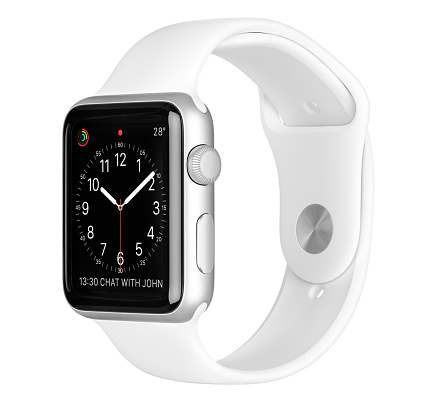 Varna, Bulgaria - October 16, 2015: Apple Watch Sport 42mm Silver Aluminum Case with White Sport Band with clock face on the display. Side view studio shot fully in focus. Isolated on white background.