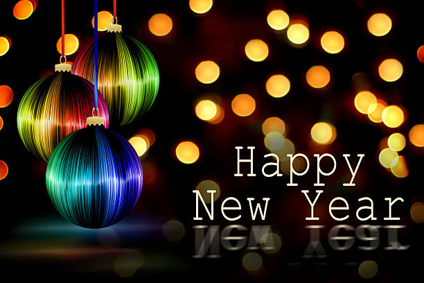 istock Happy New Year Hanging Baubles Blue Bokeh 496628614