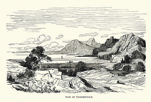 Vintage engraving of the Pass of Thermopylae, Greece.  Scene of the Battle of Thermopylae fought between an alliance of Greek city-states, led by King Leonidas of Sparta, and the Persian Empire of Xerxes I over the course of three days, during the second Persian invasion of Greece.