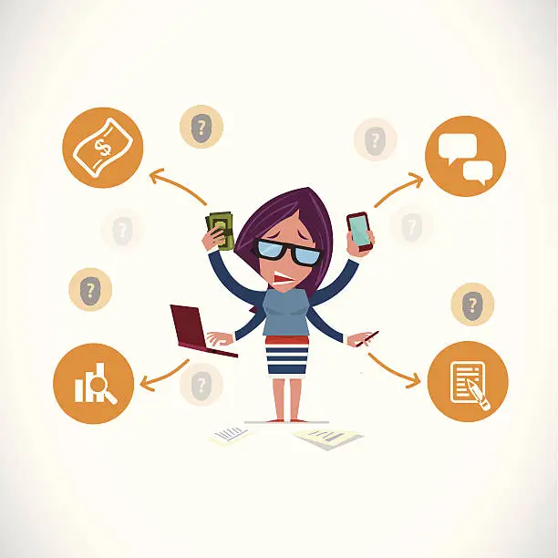 Vector illustration of Super busy office girl - vector illustration