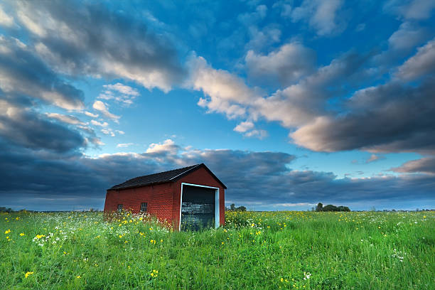 istock farmhouse on flowering meadow over blue sky 496648809