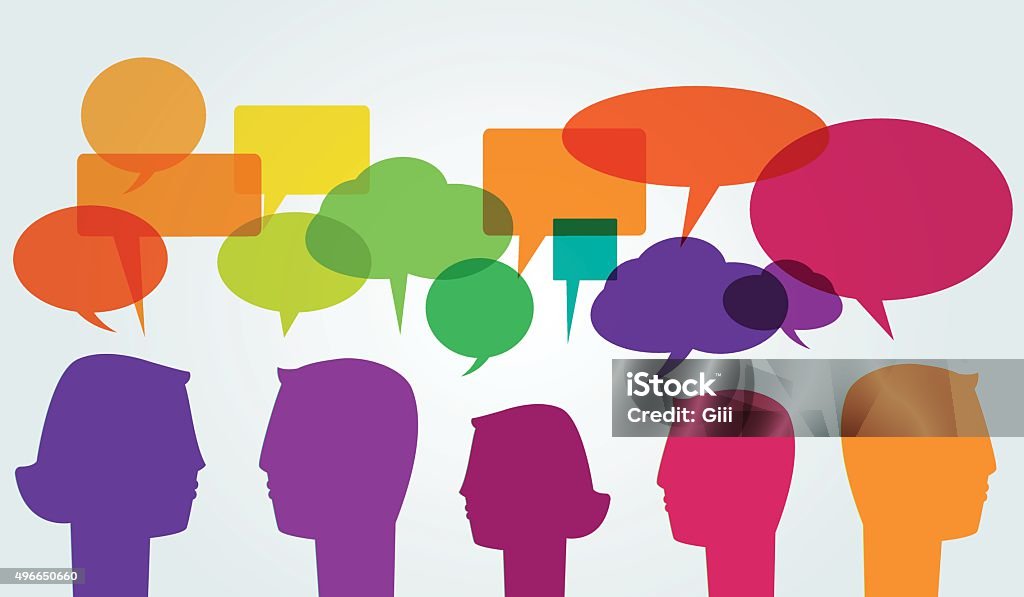 Communication Man and woman head silhouettes with colorful speech bubbles Ideas stock vector