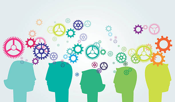 Teamwork concept Man and woman head silhouettes with colourful gear wheels flying around brain thinking intelligence inspiration stock illustrations