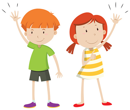 Boy and girl having their hands up illustration