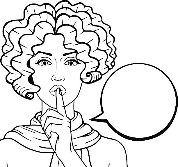 illustrazioni stock, clip art, cartoni animati e icone di tendenza di retrò donna con capelli ricci discorso pensiero, la scritta shhh gesto - finger on lips silence women symbol