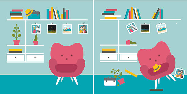 Tidy und untidy room. Tidy und untidy room. Living room with armchair and book shelves. Flat design vector illustration. organized bookshelf stock illustrations