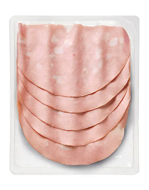 Transparent Tray of Presliced Presliced Bologna roasted pork Top view
