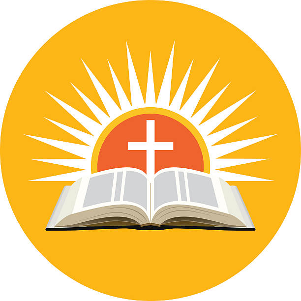 illustrazioni stock, clip art, cartoni animati e icone di tendenza di bibbia, tramonto e cross. chiesa logo concetto. - bibbia illustrazioni