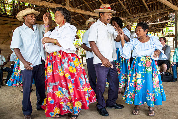 Cuban Dancers Baracoa, Cuba, March 20, 2013: A Baracoa musical dance ensemble, El Grupo Nengón-Kribá, perform local dance while dressed in traditional costume.  baracoa stock pictures, royalty-free photos & images