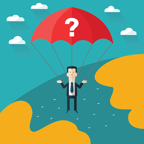 istock Confused businessman with parachute and question mark over globe earth 496657352