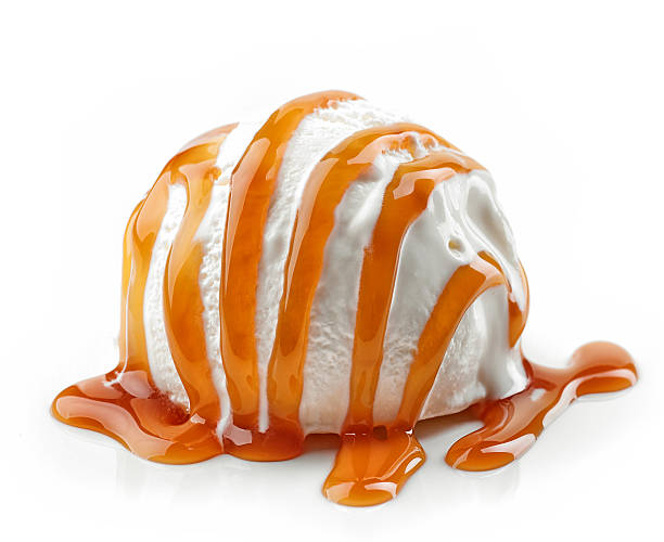 crème glacée avec sauce caramel - nappage photos et images de collection