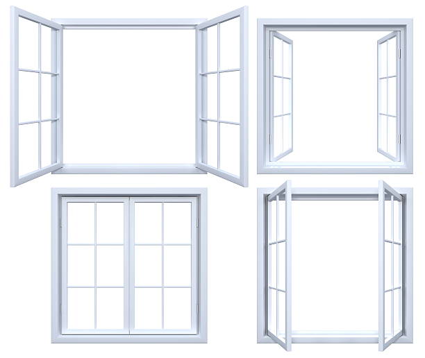 Collection of isolated window frames 3D render of isolated window white open frames window stock pictures, royalty-free photos & images