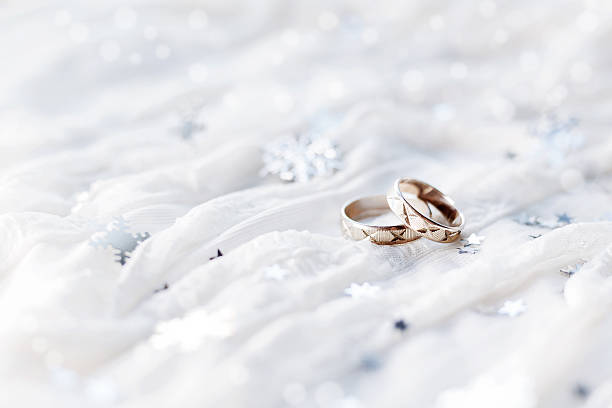 istock Wedding rings on winter holiday background. 496661824