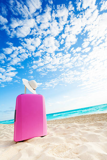 Cute pink baggage bag on the beach