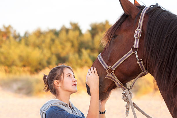 jeune gai jeune fille caresses brun cheval s nose. air image. - skill agriculture horizontal outdoors photos et images de collection