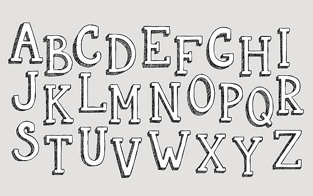 Doodle 3d alphabet Doodle 3d alphabet, vector simple hand drawn letters textured with pencil doodles. Decorative font for books, posters, postcard, web hand drawn style typography. pencil art cartoons stock illustrations
